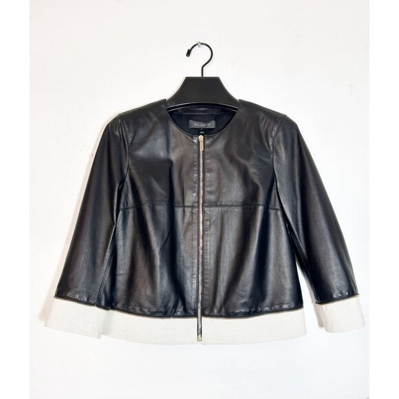 St. John Jackets & Blazers - St John Women's Leather Zipper Moto Jacket in Cavier/Cream - Sz 4 - NWT